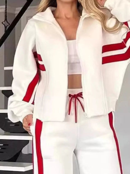 Full Size Contrast Stripe Zip Up Jacket and Pants Set Plus Size-Nordavory