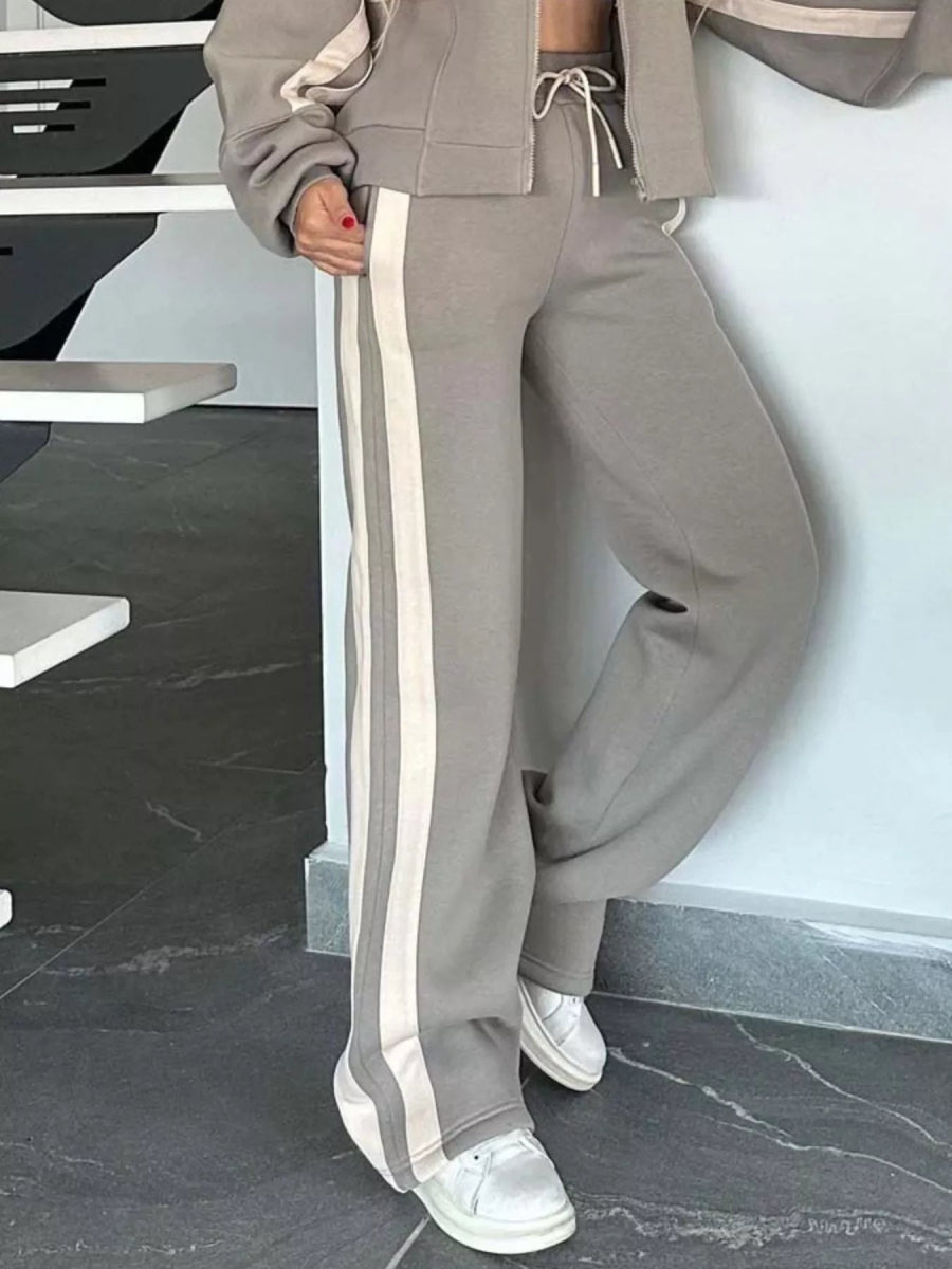 Full Size Contrast Stripe Zip Up Jacket and Pants Set Plus Size-Nordavory