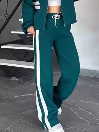 Full Size Contrast Stripe Zip Up Jacket and Pants Set Plus Size-Nordavory