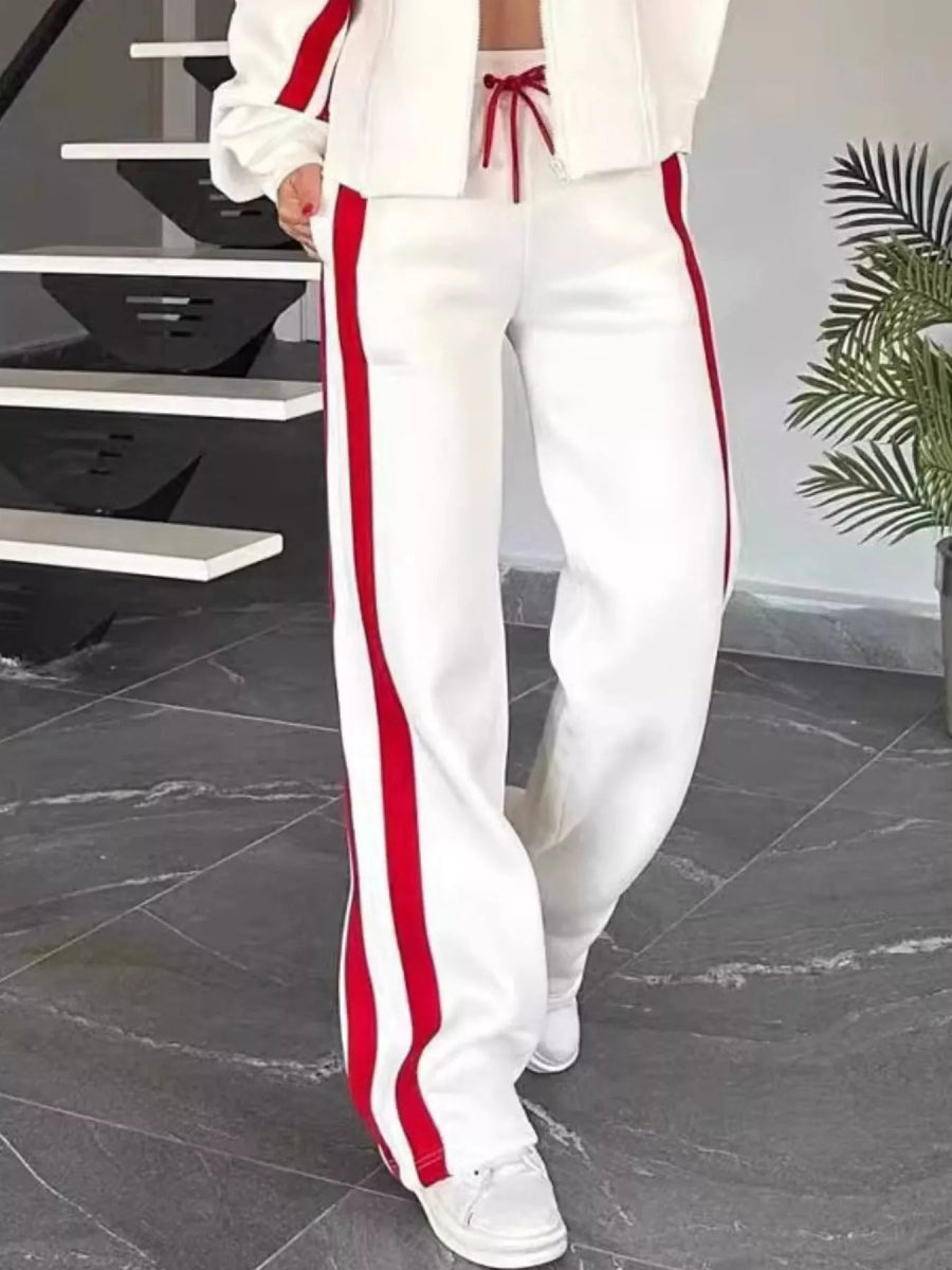 Full Size Contrast Stripe Zip Up Jacket and Pants Set Plus Size-Nordavory