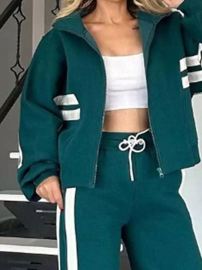 Full Size Contrast Stripe Zip Up Jacket and Pants Set Plus Size-Nordavory