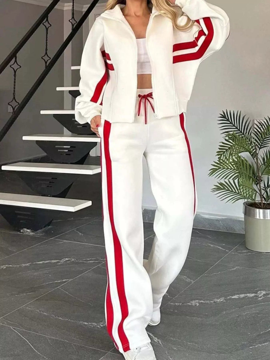 Full Size Contrast Stripe Zip Up Jacket and Pants Set Plus Size-Nordavory