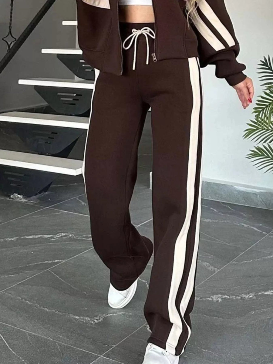 Full Size Contrast Stripe Zip Up Jacket and Pants Set Plus Size-Nordavory