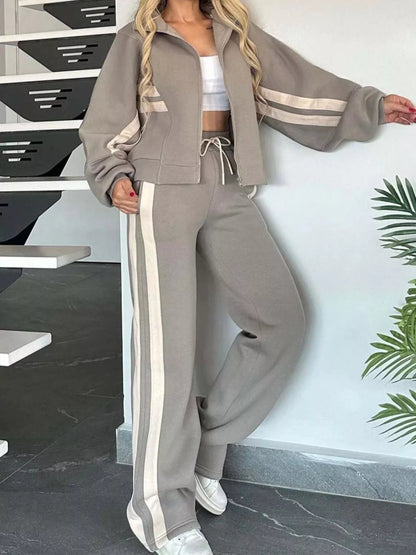 Full Size Contrast Stripe Zip Up Jacket and Pants Set Plus Size-Nordavory