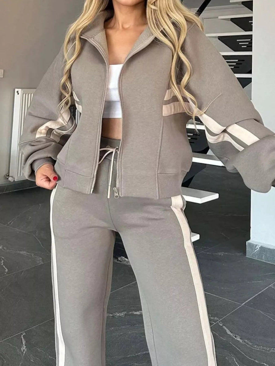 Full Size Contrast Stripe Zip Up Jacket and Pants Set Plus Size-Nordavory