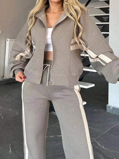 Full Size Contrast Stripe Zip Up Jacket and Pants Set Plus Size-Nordavory