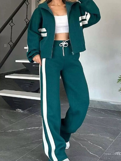 Full Size Contrast Stripe Zip Up Jacket and Pants Set Plus Size-Nordavory