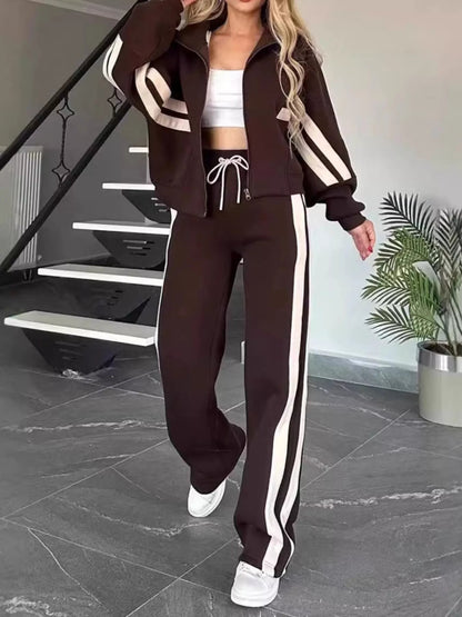 Full Size Contrast Stripe Zip Up Jacket and Pants Set Plus Size-Nordavory