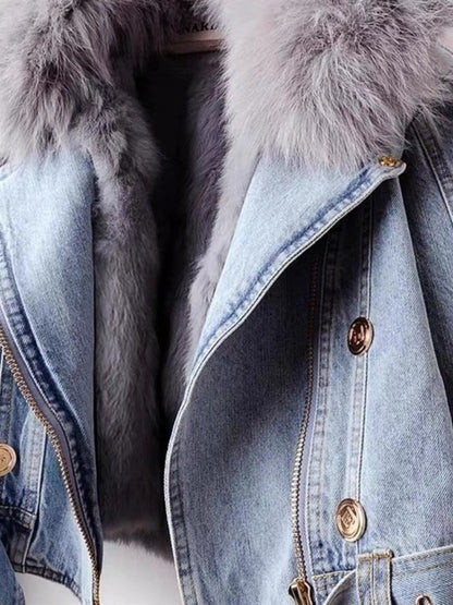 Full Size Faux Fur Collar Denim Jacket Plus Size-Nordavory