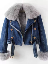 Full Size Faux Fur Collar Denim Jacket Plus Size - Nordavory