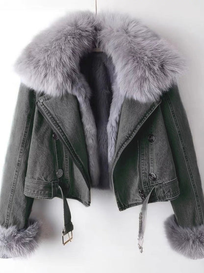 Full Size Faux Fur Collar Denim Jacket Plus Size-Nordavory