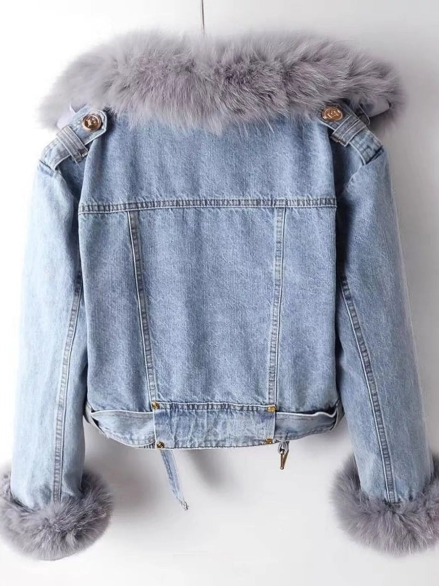 Full Size Faux Fur Collar Denim Jacket Plus Size-Nordavory