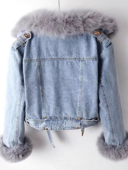 Full Size Faux Fur Collar Denim Jacket Plus Size-Nordavory