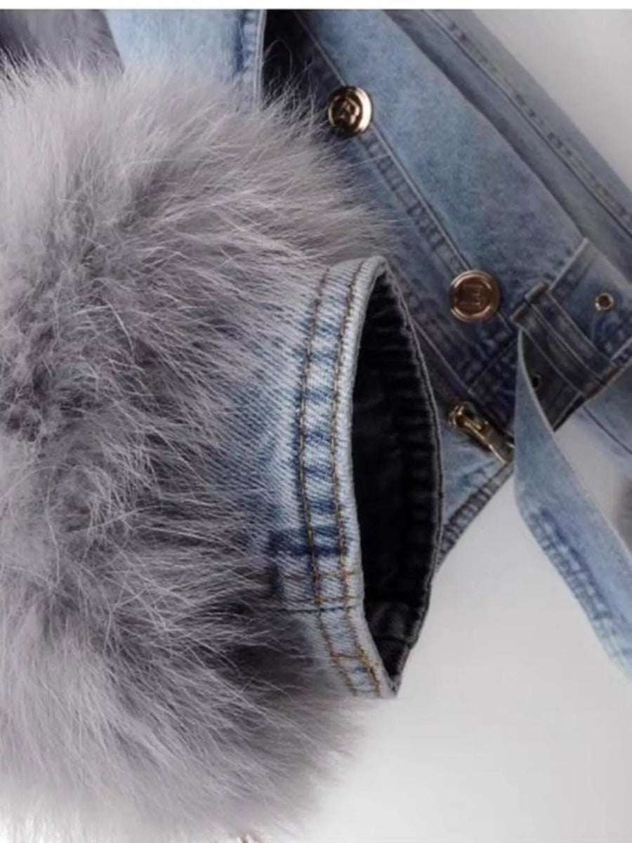 Full Size Faux Fur Collar Denim Jacket Plus Size-Nordavory