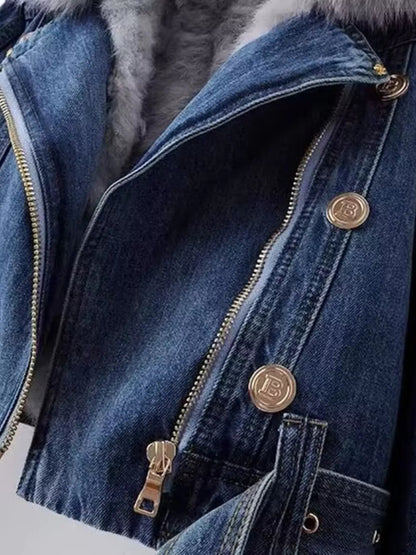 Full Size Faux Fur Collar Denim Jacket Plus Size-Nordavory