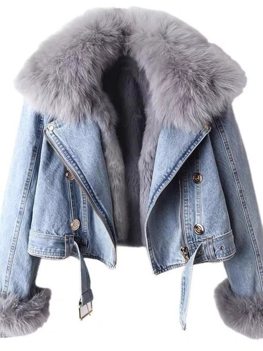 Full Size Faux Fur Collar Denim Jacket Plus Size-Nordavory