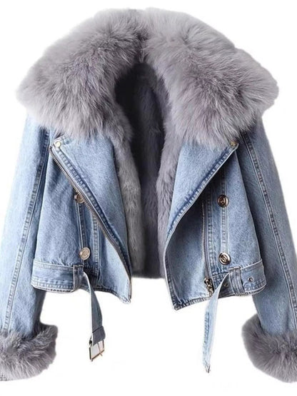 Full Size Faux Fur Collar Denim Jacket Plus Size-Nordavory