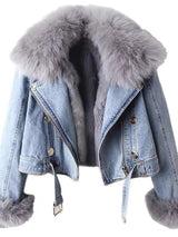 Full Size Faux Fur Collar Denim Jacket Plus Size - Nordavory