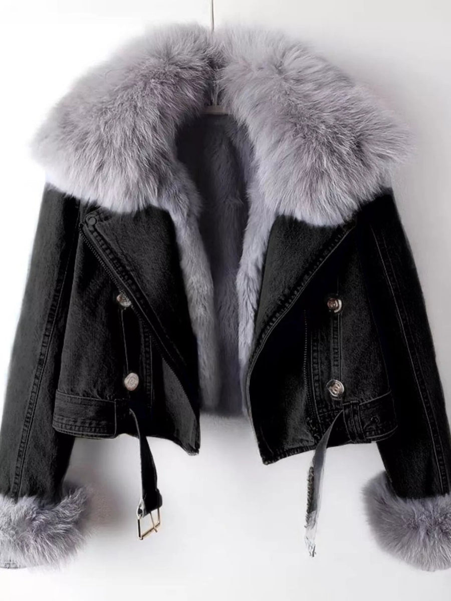Full Size Faux Fur Collar Denim Jacket Plus Size-Nordavory
