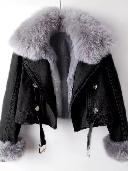 Full Size Faux Fur Collar Denim Jacket Plus Size-Nordavory