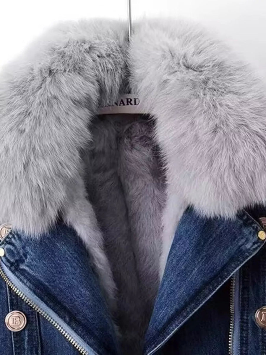 Full Size Faux Fur Collar Denim Jacket Plus Size-Nordavory