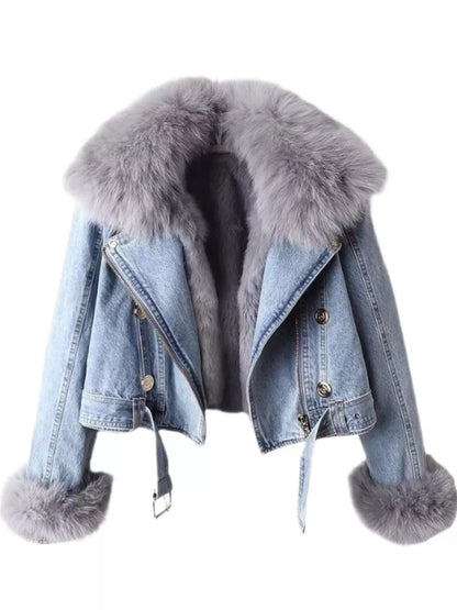 Full Size Faux Fur Collar Denim Jacket Plus Size-Nordavory