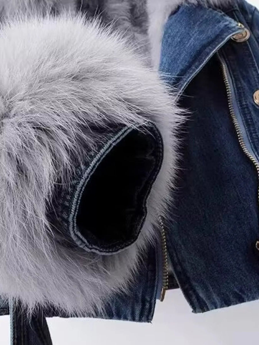 Full Size Faux Fur Collar Denim Jacket Plus Size-Nordavory