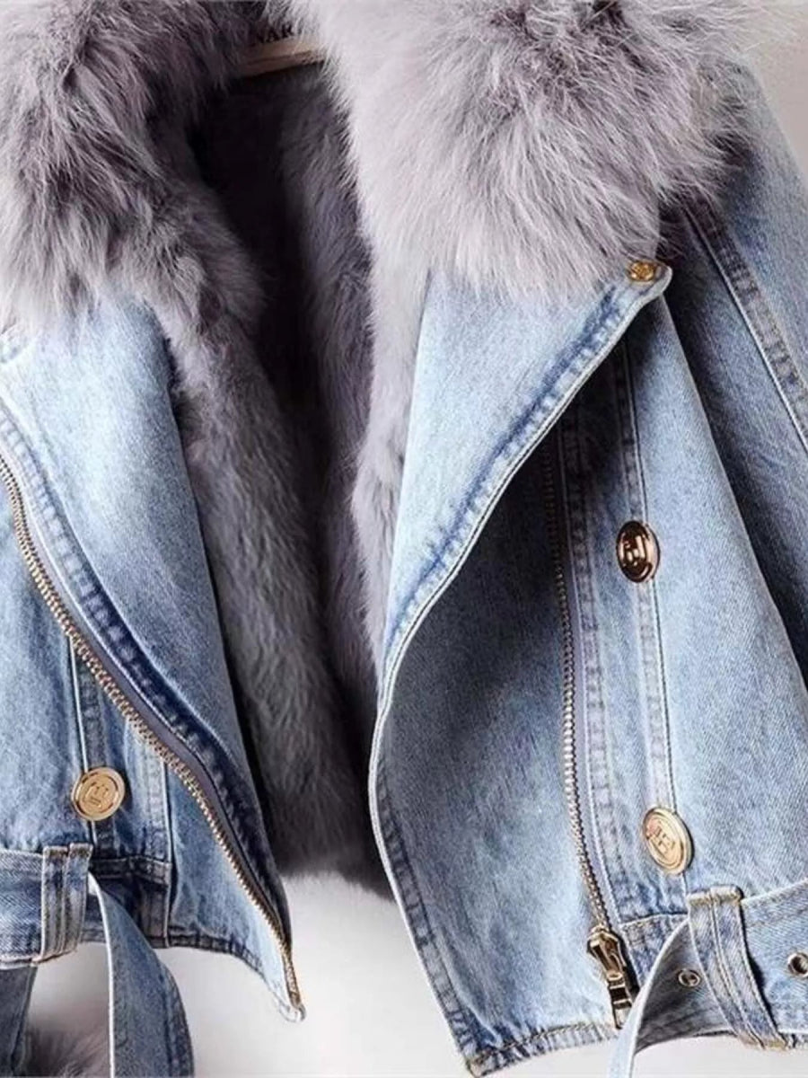 Full Size Faux Fur Collar Denim Jacket Plus Size-Nordavory