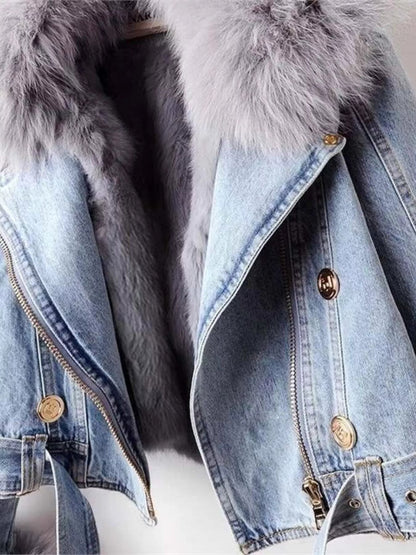 Full Size Faux Fur Collar Denim Jacket Plus Size-Nordavory