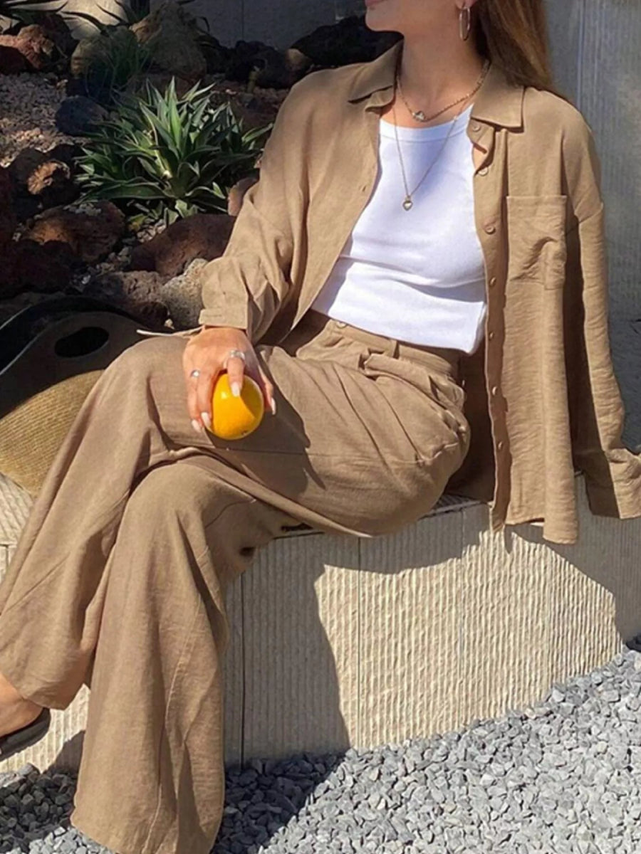 Full Size Relaxed Fit Button Up Shirt and Pants Two-Piece Set Plus Size-Nordavory