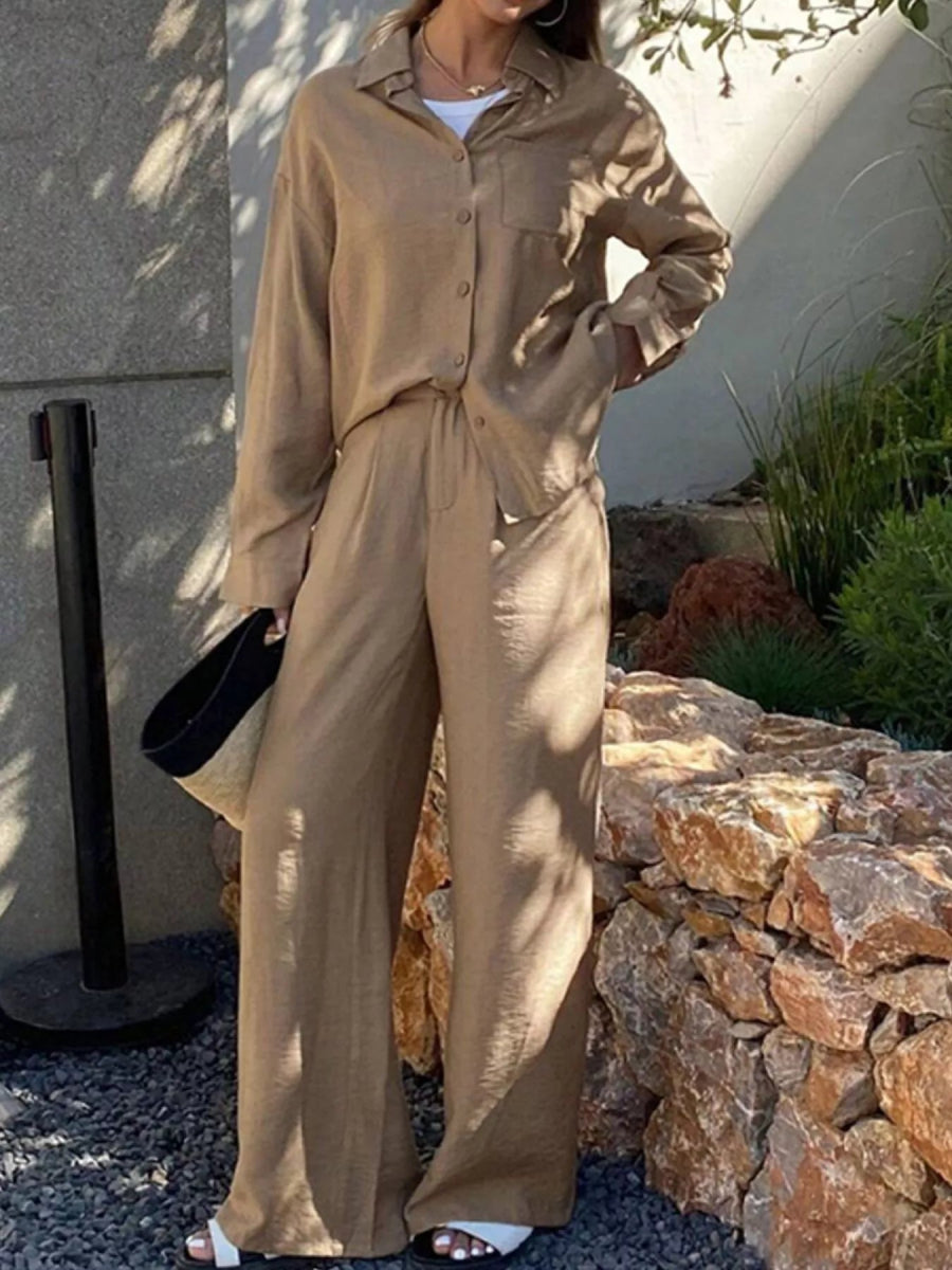 Full Size Relaxed Fit Button Up Shirt and Pants Two-Piece Set Plus Size-Nordavory