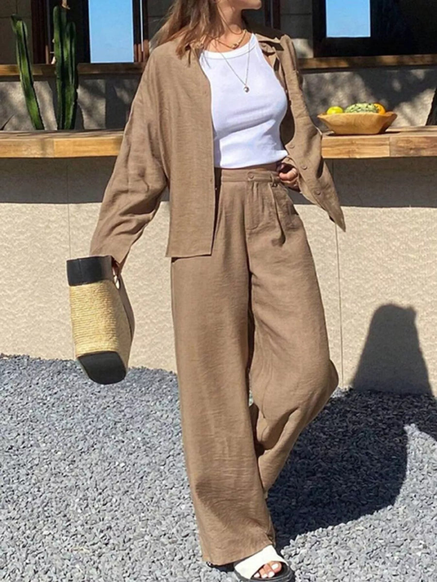 Full Size Relaxed Fit Button Up Shirt and Pants Two-Piece Set Plus Size-Nordavory