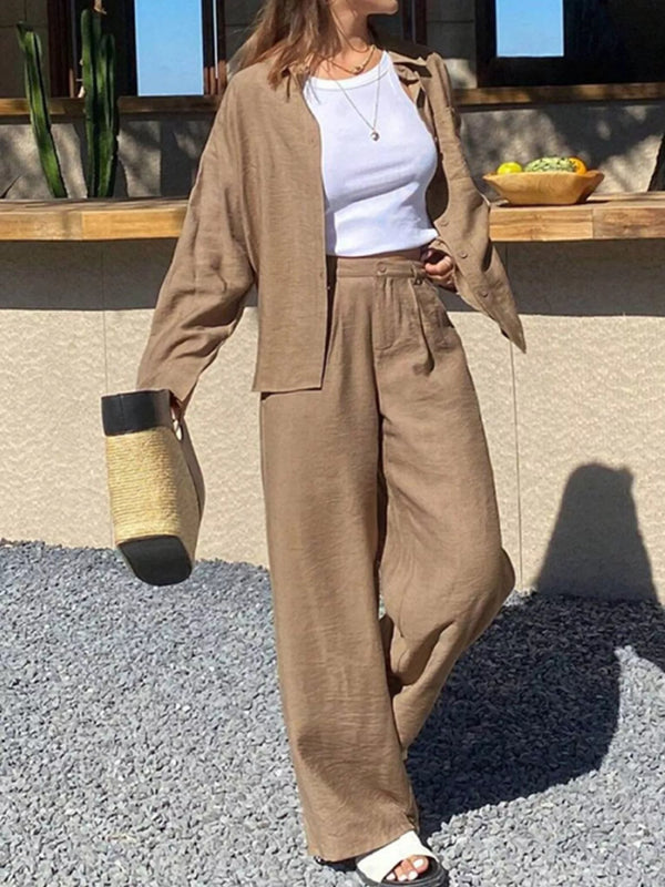 Full Size Relaxed Fit Button Up Shirt and Pants Two-Piece Set Plus Size-Nordavory