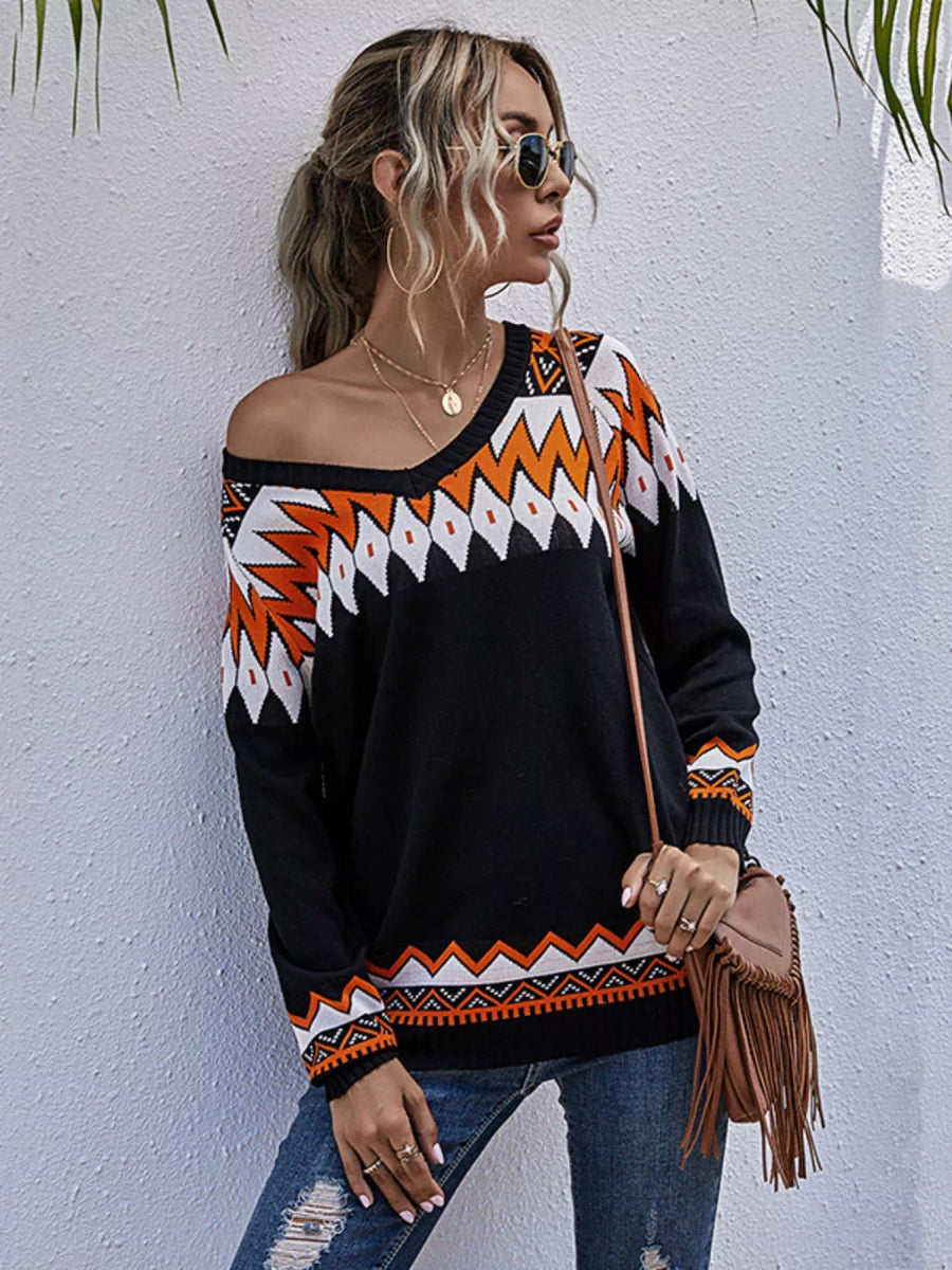 Geometric Pattern V-Neck Sweater-Nordavory