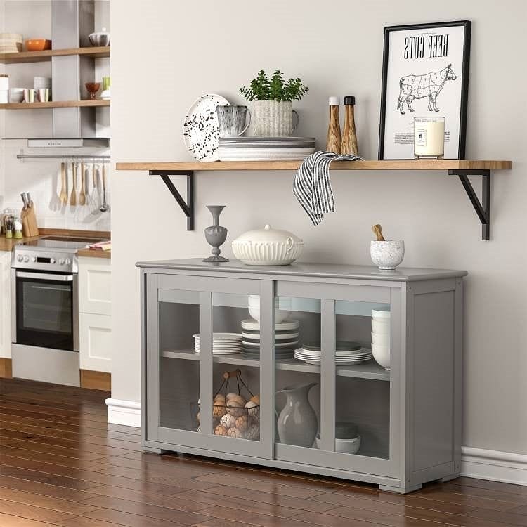 Grey Wood Buffet Kitchen Dining Sideboard Storage Cabinet w/ Glass - Nordavory