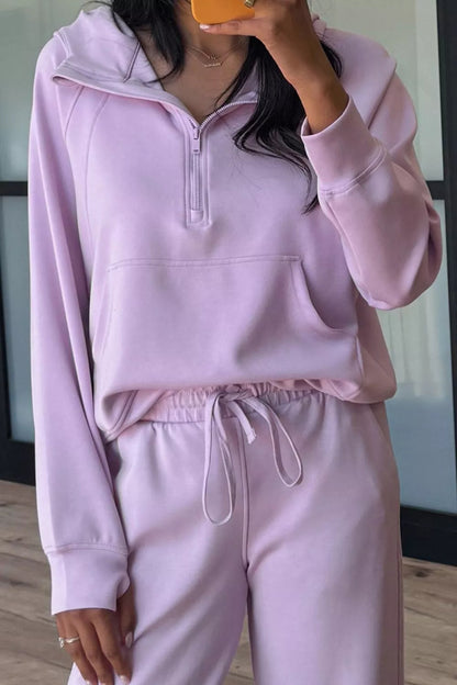 Half Sleeve Kangaroo Pocket Hoodie and Pants Set-Nordavory