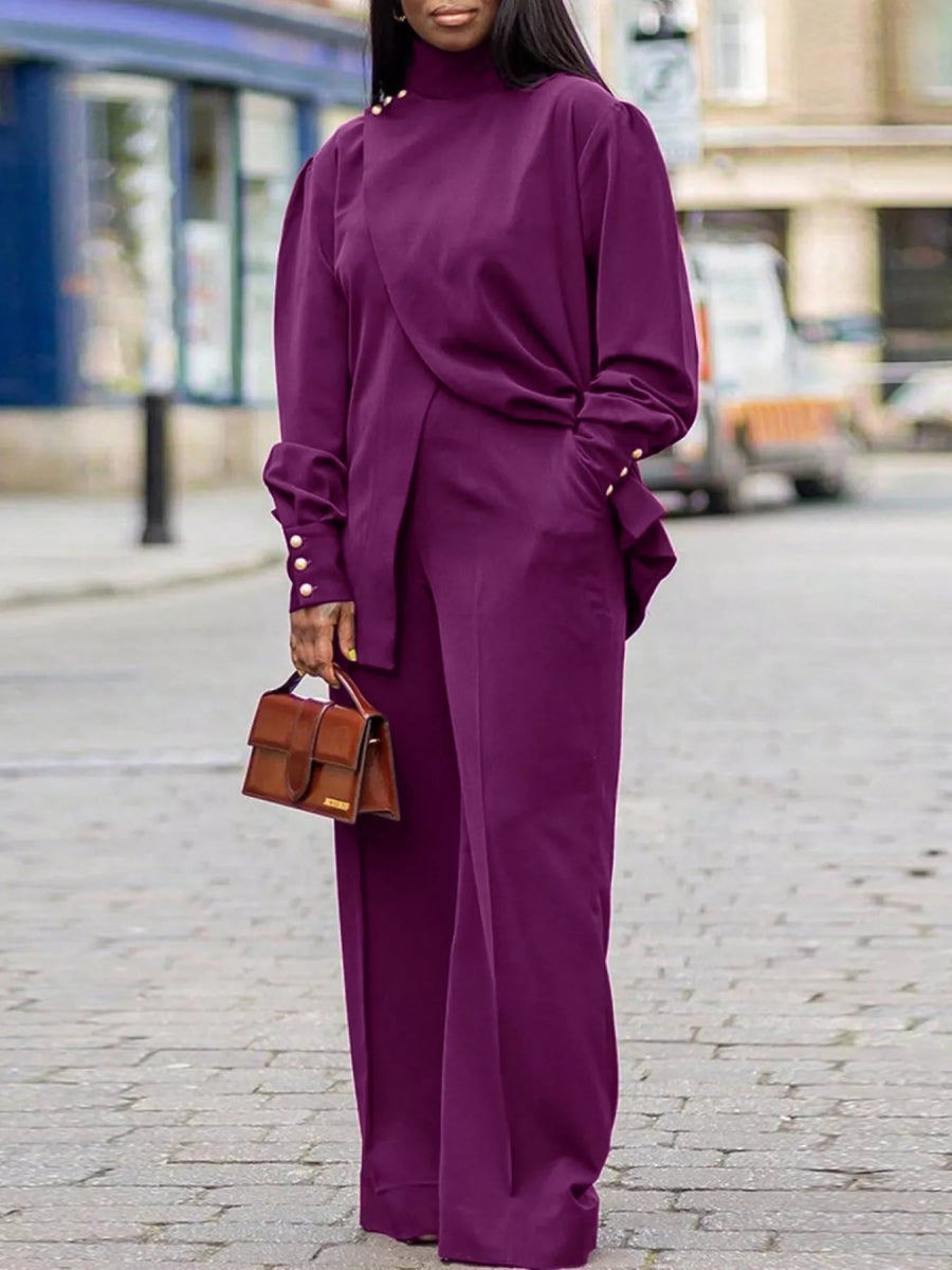 High Neck Asymmetric Top and Pants Set-Nordavory