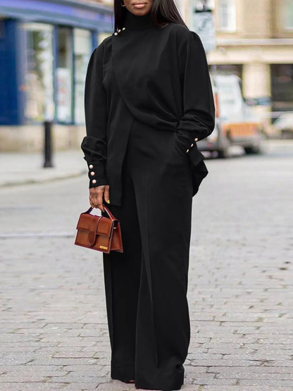High Neck Asymmetric Top and Pants Set-Nordavory