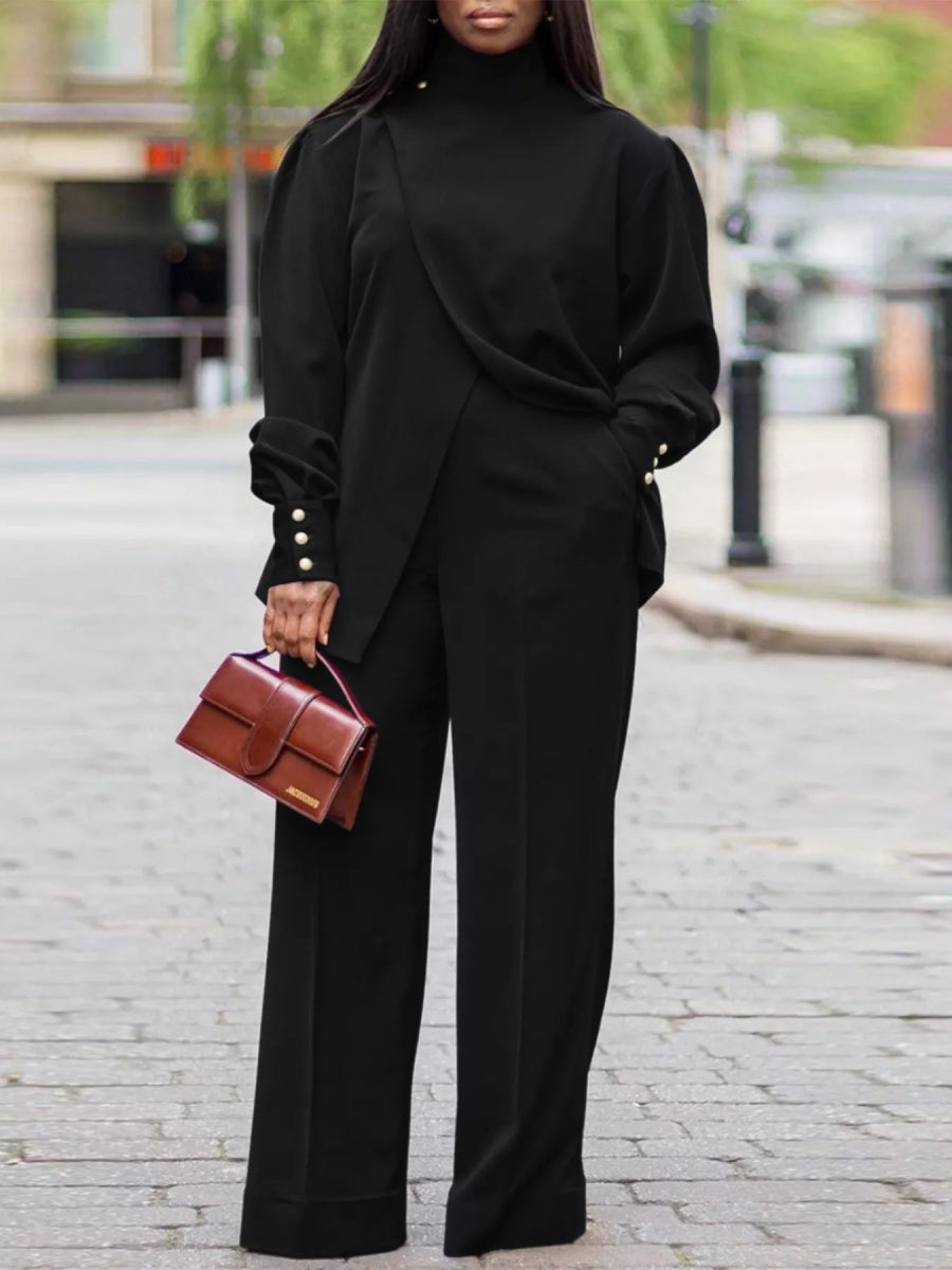 High Neck Asymmetric Top and Pants Set-Nordavory