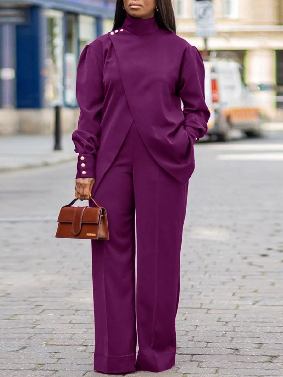High Neck Asymmetric Top and Pants Set-Nordavory