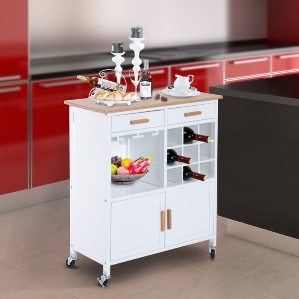 HOMCOM Portable Kitchen Trolley with Bamboo Top Storage Cabinet and - Nordavory
