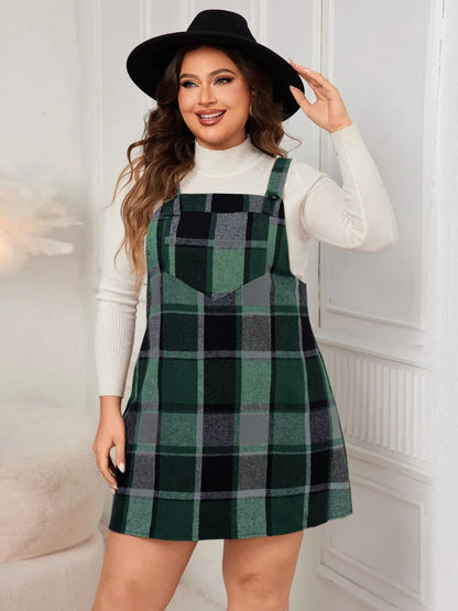 Honey Plus Size Plaid Wide Strap Overall Dress-Nordavory