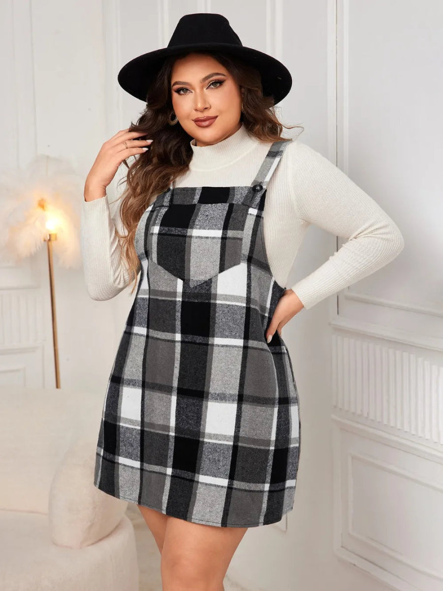 Honey Plus Size Plaid Wide Strap Overall Dress-Nordavory