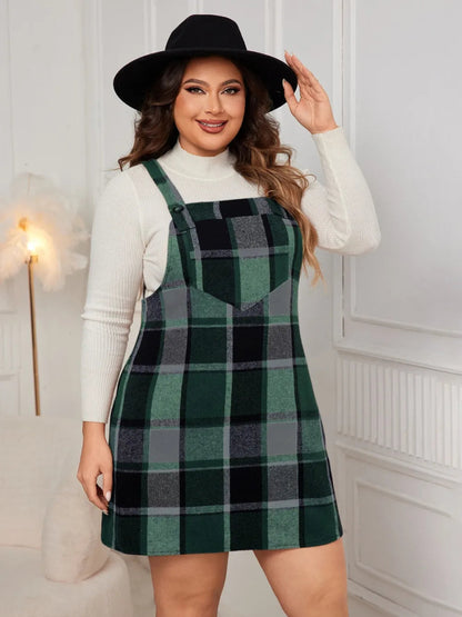 Honey Plus Size Plaid Wide Strap Overall Dress-Nordavory
