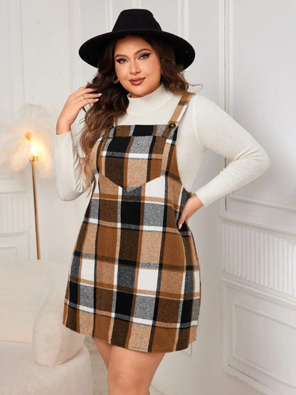 Honey Plus Size Plaid Wide Strap Overall Dress-Nordavory