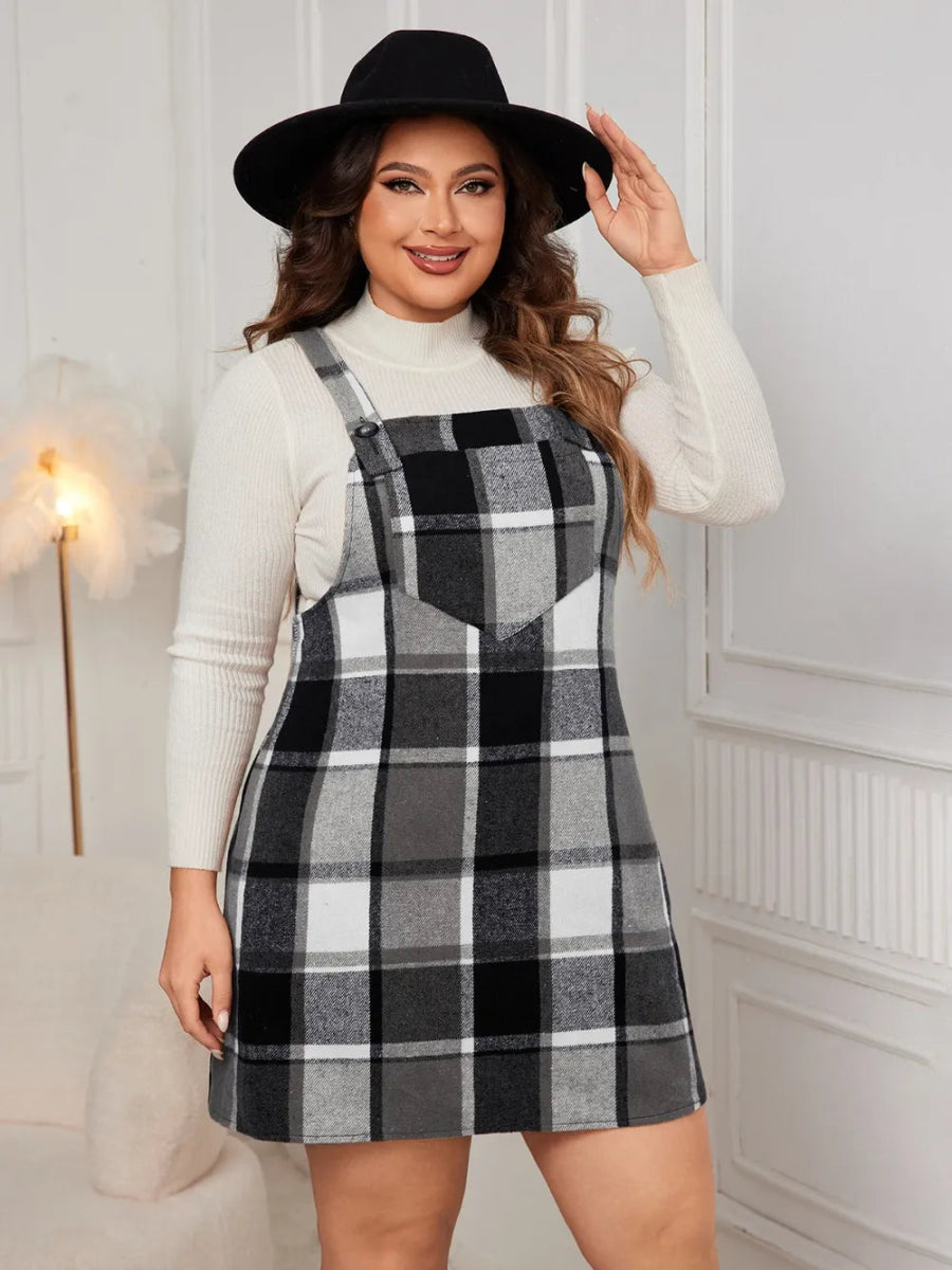 Honey Plus Size Plaid Wide Strap Overall Dress-Nordavory