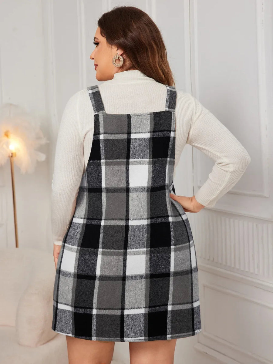 Honey Plus Size Plaid Wide Strap Overall Dress-Nordavory