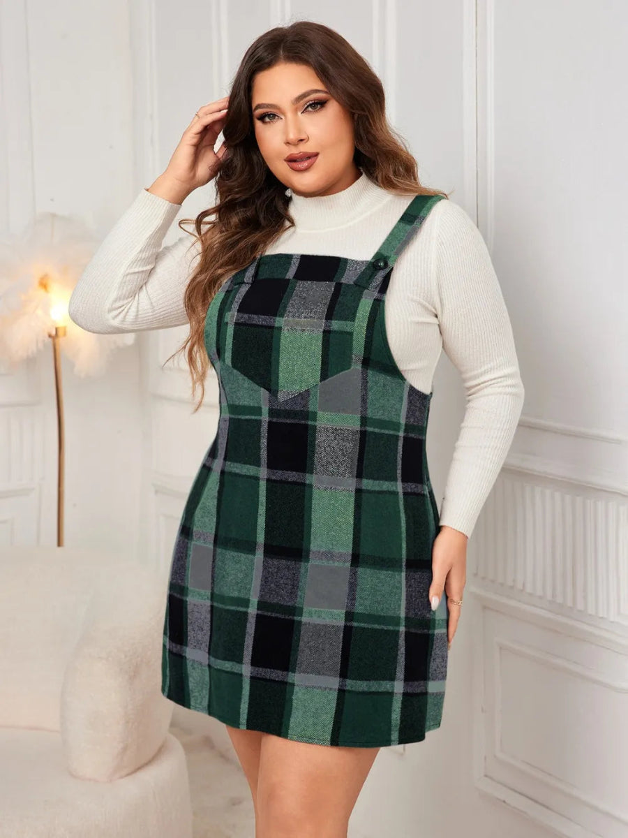 Honey Plus Size Plaid Wide Strap Overall Dress-Nordavory