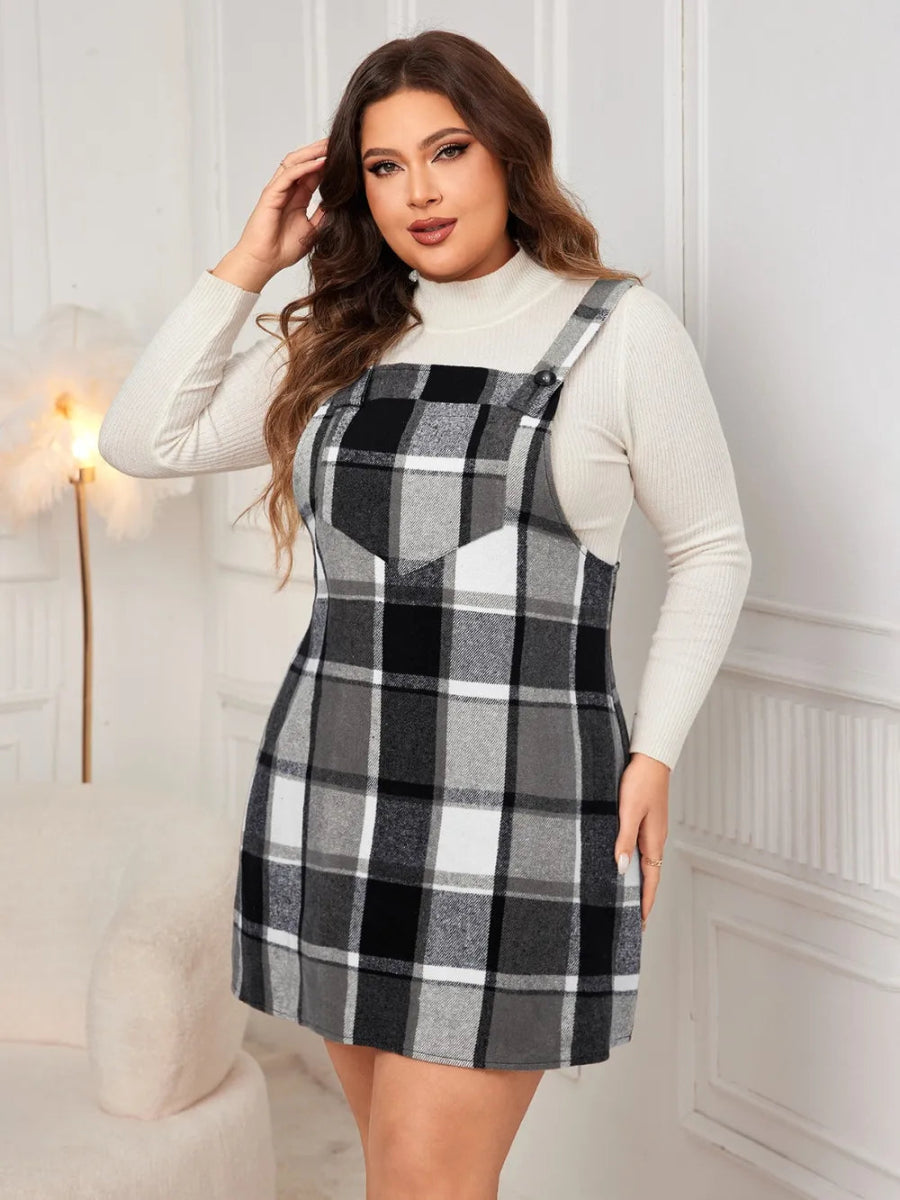 Honey Plus Size Plaid Wide Strap Overall Dress-Nordavory