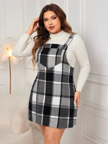 Honey Plus Size Plaid Wide Strap Overall Dress-Nordavory